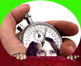 Scared woman with fear of public speaking running out of time