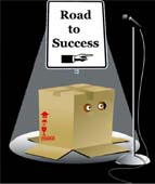 Scared man with stage fright hiding under a box wants to speak into the microphone and improve his presentation skills